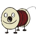 Drawn Rulla-caracter with legs, eyes, nose and smiling mouth.