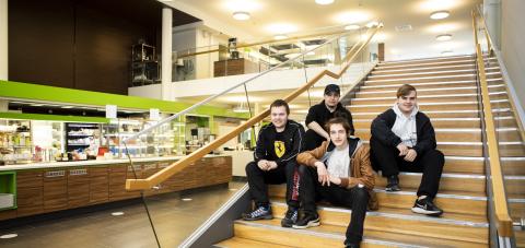 Neljä opiskelijaa istuu portailla.