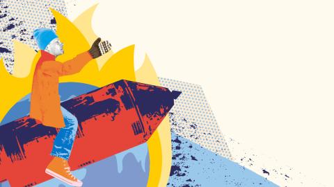 Piirros, jossa henkilö lentää raketilla palavasta Maasta.