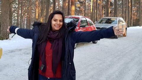 Tampere Talent Ambassador Shruti Mittal on a snowy road