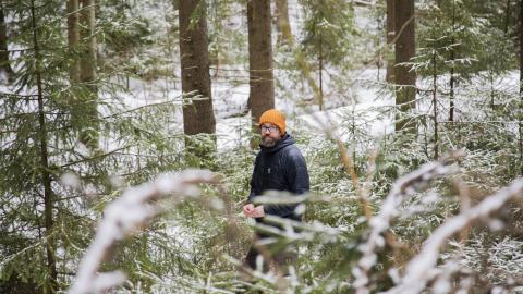 Henkilö metsän keskellä.