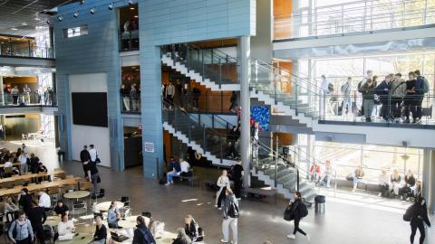 Opiskelijoita Sammon lukion valoisissa aulatiloissa ja kerroskäytävillä.