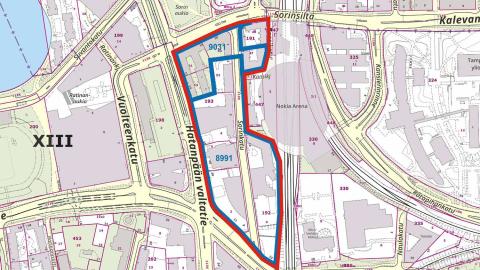 The image shows map boundaries, the competition area in red and two city plan boundaries in blue.