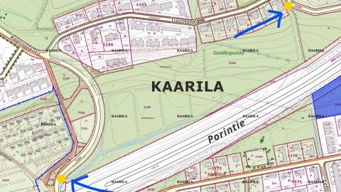 Suunnitelmataulujen sijainti Gaddinpuistossa kartalla.