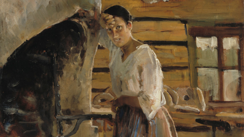 Maalaus. Henkilö nojaa uuniin. Taustalla hirsiseinä ja ikkuna.