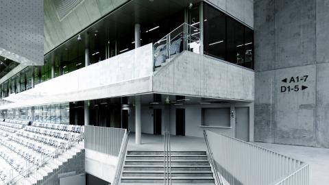 A lot of grey concrete structures have been used in the construction of Tammela stadium. 
