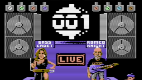 Kaksi animoitua hahmoa soitinten kanssa lavalla.