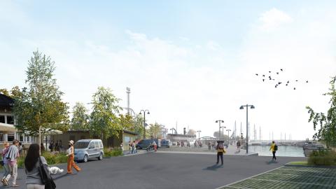 Kuvassa katurakennetta, ihmisiä ja satama-aluetta.