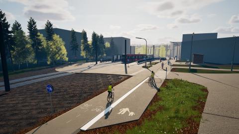 Havainnekuva raitiotiepysäkistä, etualalla raide ja katua.