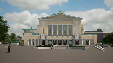 Havainnekuva Tampereen teatterista, laajennusosa kuvassa vasemmalla.