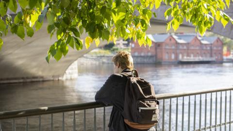 Yksi seisova nuori nojaa sillan alla kaiteeseen ja katsoo virtaavaa vettä. Nuoren pään päällä roikkuu puunoksia lehtineen. Vastarannalla näkyy punatiilinen rakennus. 