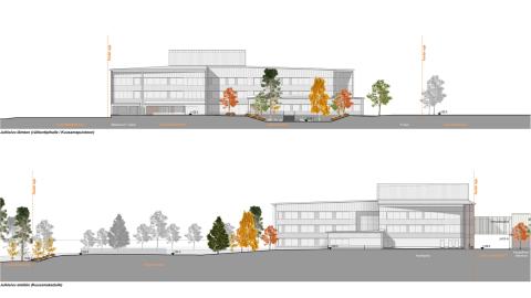 Julkisivukaavio Peltolammin hyvinvointikeskuksen julkisivusta länteen ja etelään.