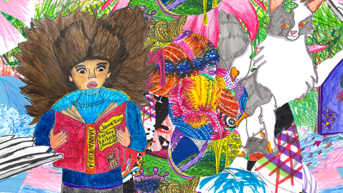 Kollaasityö, jossa henkilö pitelee kirjaa kädessään. Taustalla on muotoja ja eläinhahmoja.