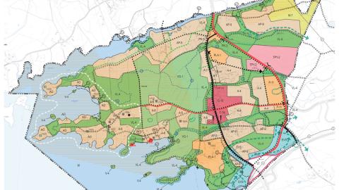 Yleiskaavakartta, alueita eri väreillä.