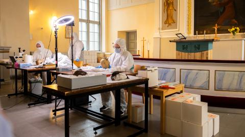 Valkoisiin haalareihin pukeutuneet tutkijat tutkivat valojen alla pääkalloja.