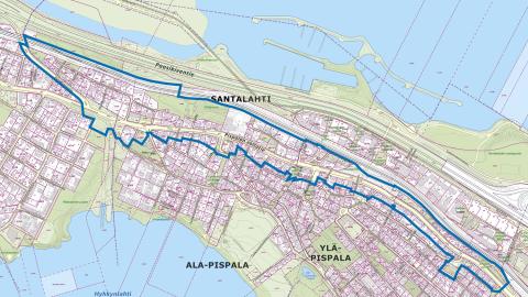Kaava-alueen rajaus virastokartalla.