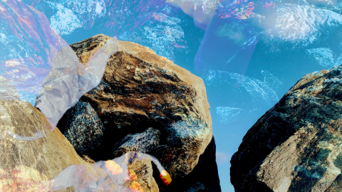 Collage with large rocks and cleaning gloves.