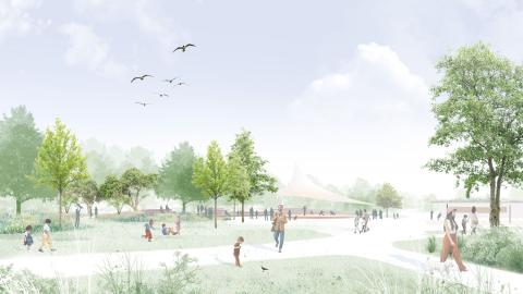 Kesäisen vihreää puistomaisemaa, ihmisiä poluilla.