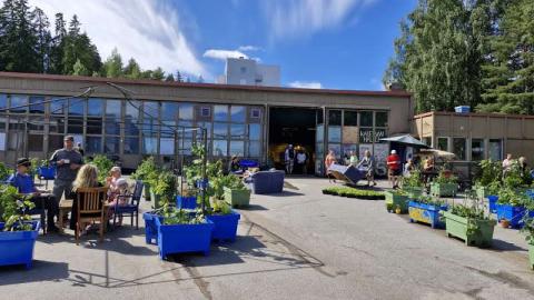 Henkilöitä Kalevan hallin pihassa viettämässä aikaa, viljelylaatikoita.