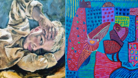 Two paintings side by side, depicting a smiling little boy and a colourful cityscape.