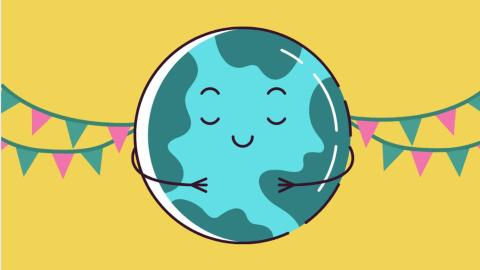 The drawing features a gently smiling globe framed by garlands.