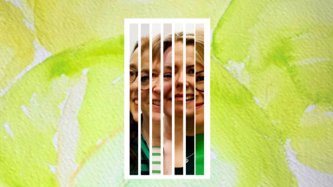 Photographs of faces, with watercolour painting in the background.