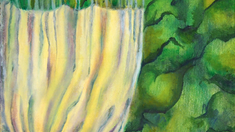 A painting depicting a curtain and green foliage.