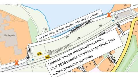 Tohlopinranta-kadun uusi linjaus kartalla.