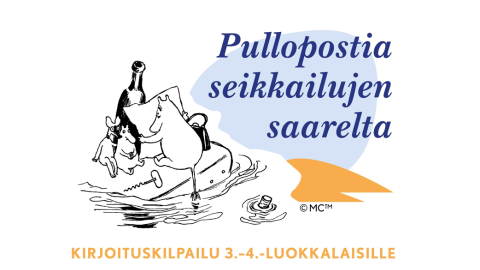 Kirjoituskilpailun tunnuksessa Muumimamma lukee Muumipapalta saapunutta pullopostia Muumipeikolle ja Nipsulle.