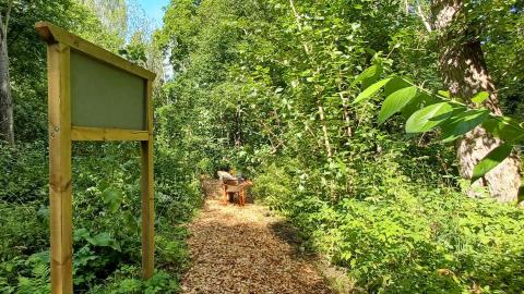 Opastaulun pohja ja haketta luontopolulla .
