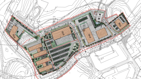 Karttapiirros teollisuustontin pihasuunnitelmasta Lahdesjärvellä.