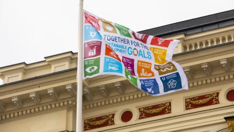 Kestävän kehityksen SDG-lippu liehuu salossa raatihuoneen edustalla.