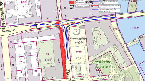 Aleksis Kiven kadun ja Satakunnankadun risteyksen liikennejärjestelyt syyskuun lopulla 2025.