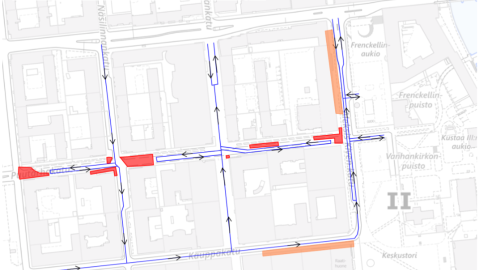 Puutarhakadun työmaan kulkureitit 8.9.2025 alkaen kartalla.