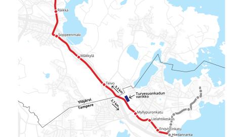 Kartalla raitiotielinja, pysäkkejä, varikon paikka ja kuntaraja.