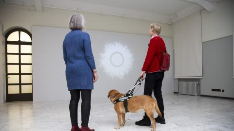 A visually impaired person is visiting an art exhibition with a friend. A guide dog is also present. They are all looking at a light-coloured artwork on the wall that resembles a flower.