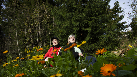Two people are sitting in the middle of a community garden, surrounded by flowers, with a forest in the background.