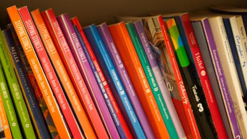 Textbooks lined up on a shelf.