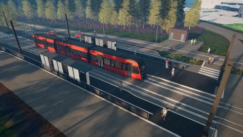 Kuvassa ratikka pysäkillään, taustalla vihreää metsää.