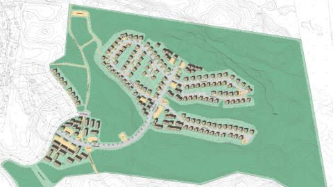 Vihreällä alueella talojen ja teiden hahmoja.