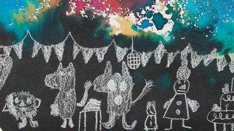An art work created by a child, where moominous characters celebrating under a colorful sky. 