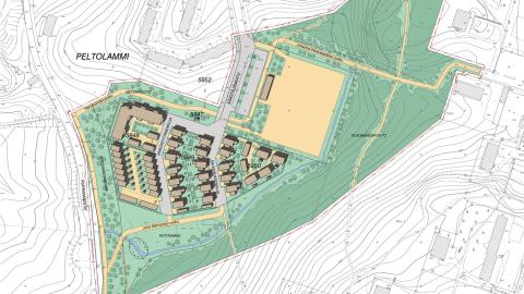 Kuvassa vihreällä alueella ruskealla asuintalojen hahmoja ja kenttä keltaisella.
