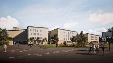 Havainnekuva tulevasta Kaukajärven koulusta ja päiväkodista.