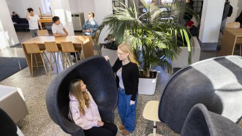 Kaksi oppilasta juttelee Lyseon lukion alussa.