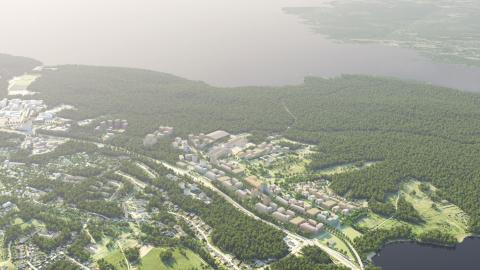 Houses, forest and lake.