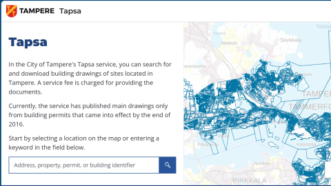 Tapsa sales service homepage showing a map of Tampere.