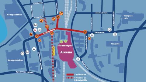 Kartta, missä näkyy katuosuudet, joilla tapahtuu liikennemuutoksia.