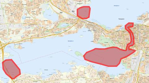 Map graphic showing weak ice areas in Tampere.