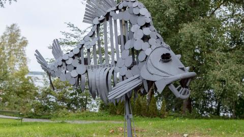 Kalaa esittävä metallinen veistos seisoo nurmikolla. 