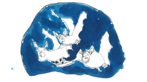 Three white bats, drawn by a child, are flying across the dark sky.